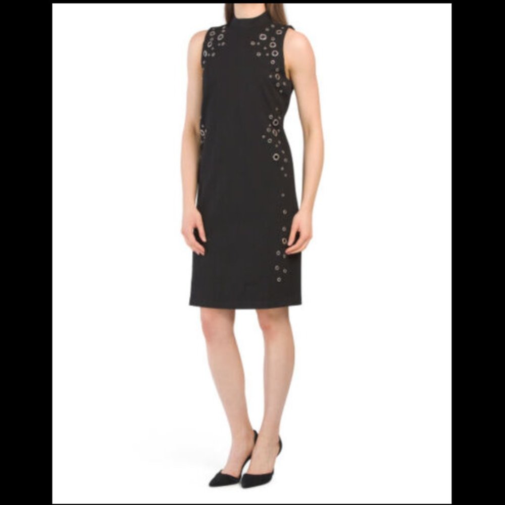 30.) NWT Carmen Marc Valvo Black Ponte Silver Grommet Dress- Size 6- MSRP $98